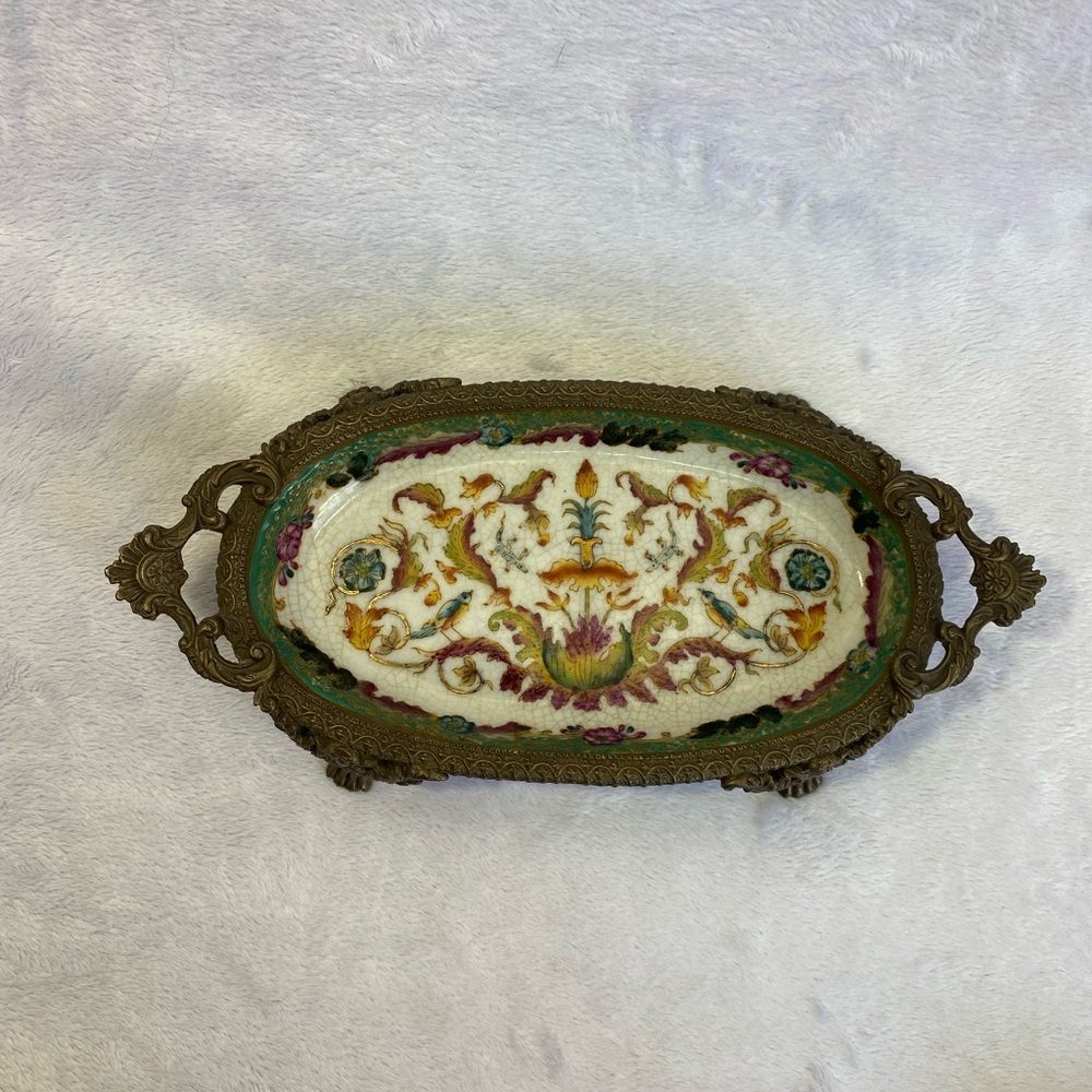 Antique Hua Rong Tang Zhi Porcelain & Ornate Bronze Footed Floral Tray 8” - Picture 6 of 9